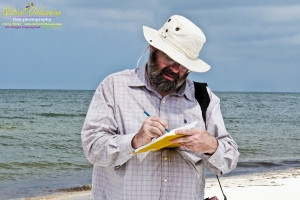 8/9/10 Horn Island, Lat  30,14.91N Long 88,42.0947W, Sampling with Boston Chemical Data, www.labs.pro , Pictured here is Strongbear  looking along beach for weathered tar ball samples from BP spill, north side of Horn Island.